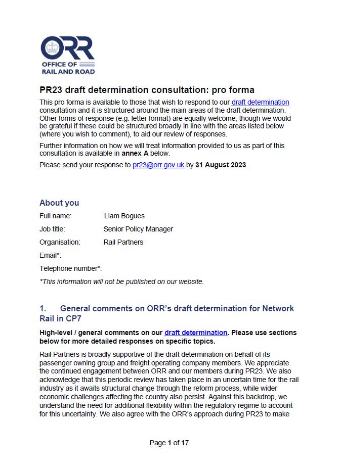 Response to the ORR's PR23 draft determination consultation