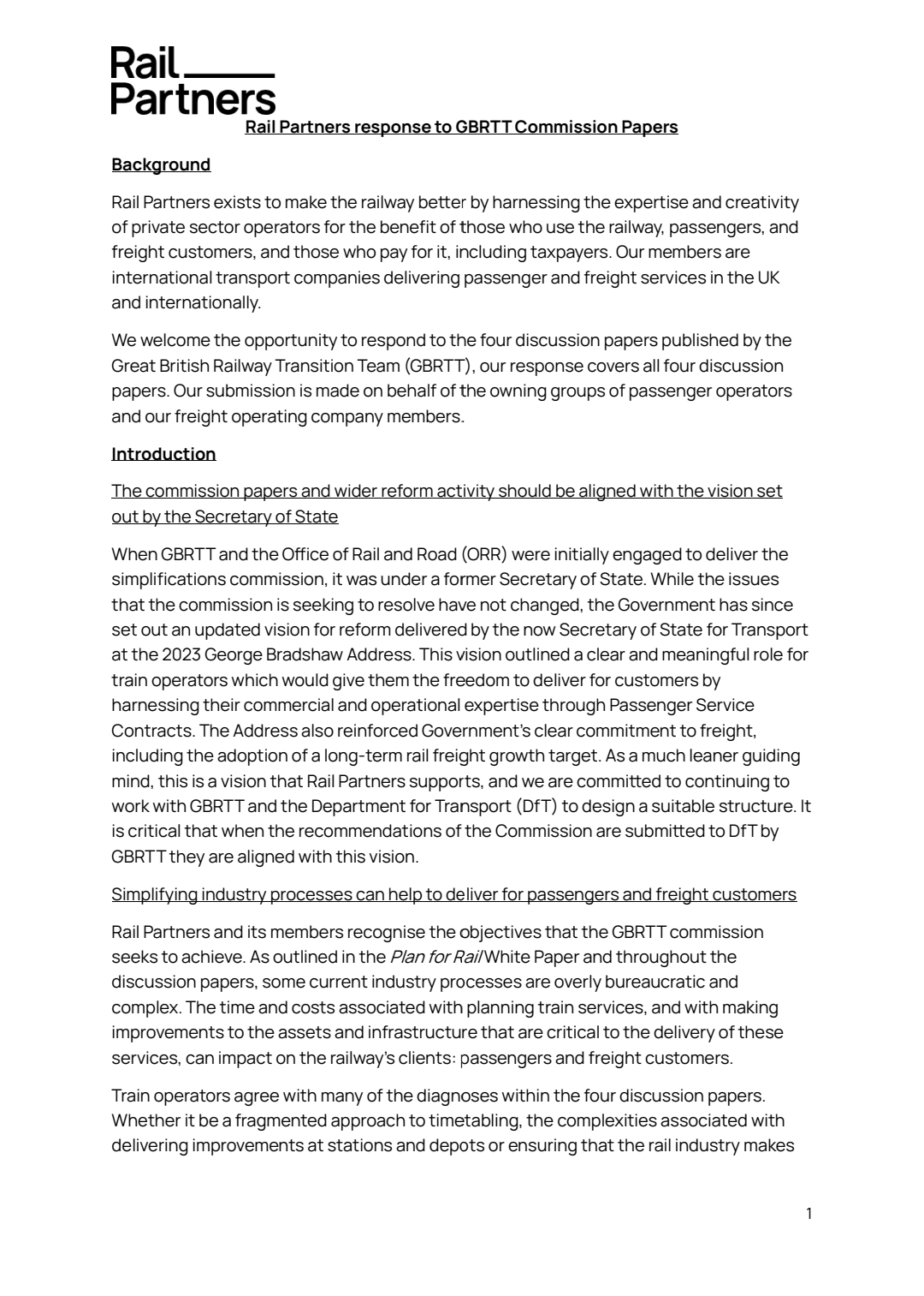 Response to GBRTT Commission Papers