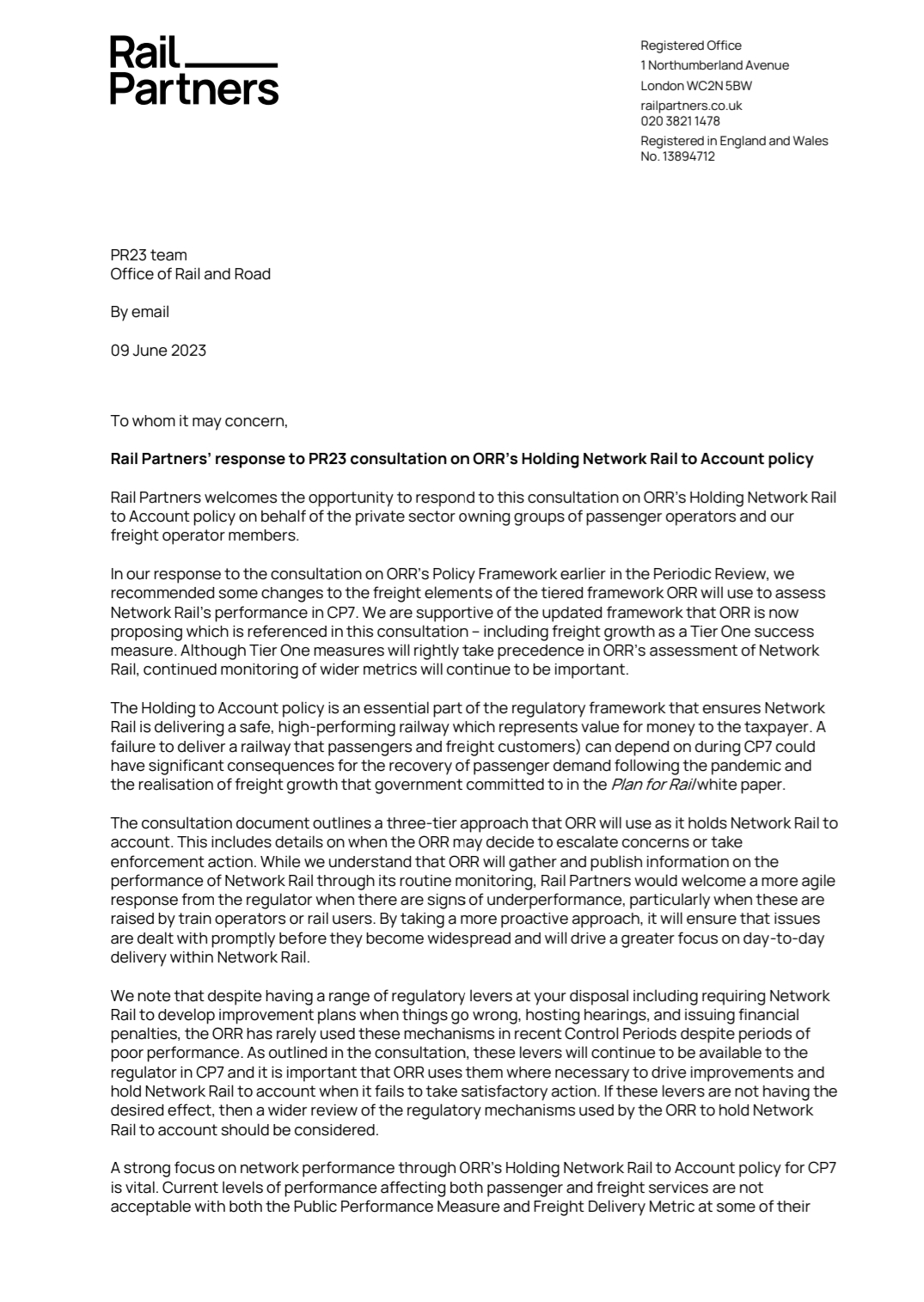 Response to PR23 consultation on ORR’s Holding Network Rail to Account policy